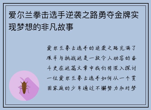 爱尔兰拳击选手逆袭之路勇夺金牌实现梦想的非凡故事